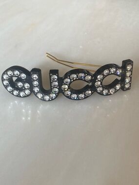 Gucci Black Logo Hairpin with Clear Crystal Accents